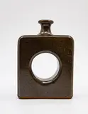 Bruce Martin, Square slab-built vase, oil fired stoneware with large negative circular feature to the body