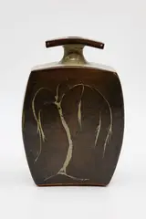 Bruce Martin, Japanese style vase, slab-built stoneware with tenmoku and ash glazes, wax resist willow decoration to one side