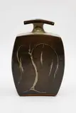 Bruce Martin, Japanese style vase, slab-built stoneware with tenmoku and ash glazes, wax resist willow decoration to one side