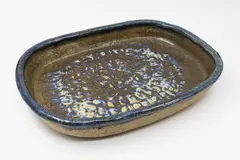 Barry Brickell, Large rectangular platter, stoneware with blue and purple jun glaze effects on a oatmeal ground
