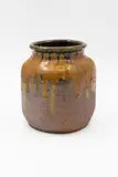 Barry Brickell, Trickle glaze vase, unglazed stoneware with pigment wash, trickle ochre glaze to the shoulders