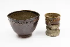 Bowl and cup duo by Barry Brickell, glazed stoneware, each decorated with an impressed stylised star design to the rim, sold Feb 2026