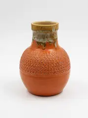 Daniel Steenstra for Beach Artware, Bottle vase, stoneware with bright orange glaze and impressed design to the body, poured rutile glaze to the neck
