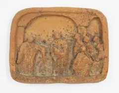 Deidre Airey, Earthenware tile, depicting a temple scene; fired at Driving Creek with clay prepared by Barry Brickell