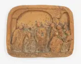 Deidre Airey, Earthenware tile, depicting a temple scene; fired at Driving Creek with clay prepared by Barry Brickell