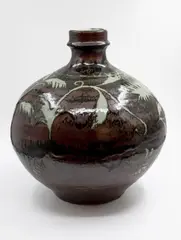Nicholas Brandon, Large floor pot, stoneware with pale celadon wax resist fern design on a tenmoku background