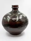 Nicholas Brandon, Large floor pot, stoneware with pale celadon wax resist fern design on a tenmoku background