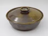 Barry Brickell, Large casserole dish, stoneware with brown and olive ash glaze to lid and interior, oversaturated iron glaze to the exterior