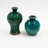 Graeme Storm, Two small vases, stoneware with green and aqua green glazes (one with good repair)