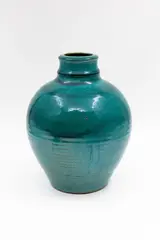 Large jar by Graeme Storm, stoneware with gloss aqua green glaze, sold Feb 2026