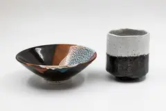 Brian Gartside, Small bowl, with colourful abstract decoration; together with a yunomi cup