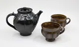 Petra Meyboden, Teapot and two mugs, glazed stoneware with decorative bands