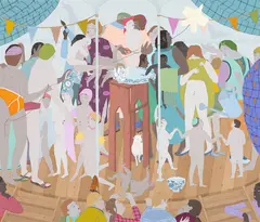 Babes and Fools from the series Nais tambu pepa piksas by Kushana Bush, gouache, pencil and gold leaf on paper, sold Nov 2025