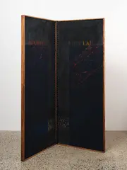 Ralph Hotere, Aramoana, Koputai, acrylic on canvas panels mounted on wooden frames set inside two panel folding screen