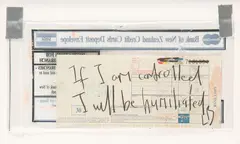 L. Budd, If I am controlled, I will be humiliated, ink on found bank deposit form and gaffer tape