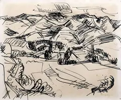 The Hills, Upper Moutere by Toss Woollaston, ink on paper, offered Sep 2025