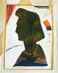 Nigel Brown, Woman with a tree in her hair, woodcut monoprint with applies acrylic