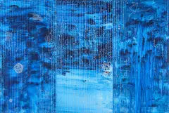 John Reynolds, Kepler’s Dream, silver marker pen, acrylic and rain water on canvas, triptych