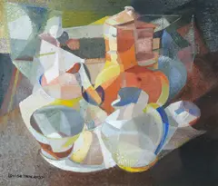 Louise Henderson, Cubist Still Life with Tea Service, tempera on card