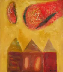 Pat Hanly, Fire Above the City, oil on board