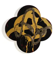 Golden Throne by Max Gimblett, acrylic, aquasize, moon gold leaf, resin and MSA on quatrefoil shaped canvas, offered Aug 2025