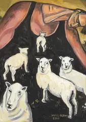 Wool Singlet by Nigel Brown, oil on board, sold Aug 2025