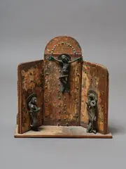 Paul Beadle, The Crucifixion with the Virgin Mary and St John, cast bronze, wood and nails