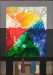 Milan Mrkusich, Chromatic Circle 62-64, oil, sand and collage on board