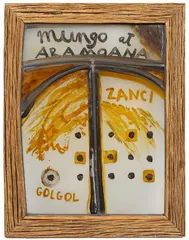 Ralph Hotere, Mungo at Aramoana, mixed media on stained glass window in driftwood frame
