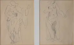 Duncan Grant, Standing Goddesses (Design for a Screen), pencil on paper, two parts, c. 1921