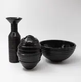 John Parker, Grooved ovoid vase, bottle and bowl, shiny black glaze
