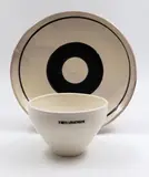 Martin Poppelwell, Bowl and plate, white glazed ceramic bowl stamped State Luncheon, plate with black 'O' decoration