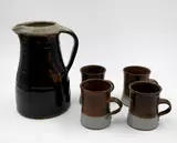 Peter Stichbury, Water jug and four coffee cups, stoneware with tenmoku and grey ash glazes