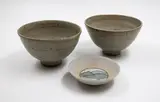 Nz Studio Pottery, A small dish by Beverley Luxton and a pair of bowls, the dish hand painted with a landscape to the centre