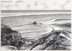 Don Binney, Whatipu over Paritutai, charcoal and pastel on paper