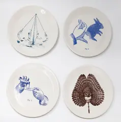 Fiona Pardington, The Popular Creator, photographs fired onto ceramic plates, 2015, 4 parts