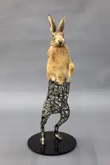Sean Crawford, Hare Trigger on the Armchair (revisited), taxidermy hare section with laser cut steel drones on a steel frame, paint render