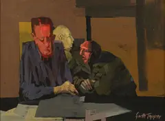 Garth Tapper, Three men in room, acrylic on board