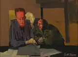 Garth Tapper, Three men in room, acrylic on board