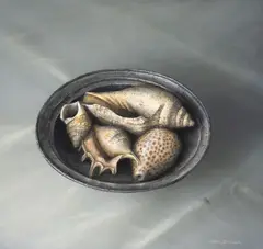 Neil Driver, Shells on Pewter Plate, acrylic on board