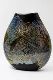 Garry Nash, Large flattened vase, blown black glass with scribble design on a gold leaf ground