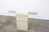 Ello Furniture, Vintage travertine marble console table, marble and brass base with glass top