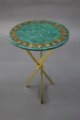 Fornasetti Milano, Vintage malachite side table, silkscreened, painted and laquered wood on brass legs