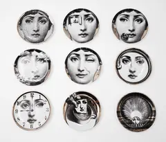 Fornasetti Milano, Nine Tema & Variazioni Coasters, hand-decorated porcelain (one chipped)