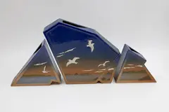 Ian Webster, Set of three landscape vases, stoneware of angular slab construction, cut relief and glazed decoration