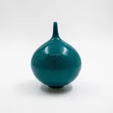 Peter Collis, Small turquoise vase, porcelain with thinly crackled glaze, of globular form with spire neck