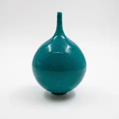 Peter Collis, Small turquoise vase, porcelain with thinly crackled glaze, of globular form with spire neck