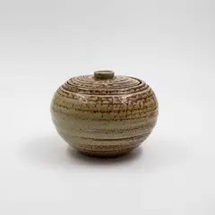Early small lidded jar by Len Castle, stoneware with light brown salt glaze, with a loose, almost flat lid, fired in the Crum Brickworks kilns, sold May 2025
