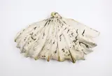 Hanging Avian form by Len Castle, white ridged ceramic body stained with moss-green coloured pigments, sold May 2025
