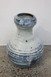 Gourd form vase by Len Castle, stoneware with gnarled rim and scored sides in heavy feldspathic matte white glaze with pale blue and olive highlights (, sold May 2025
